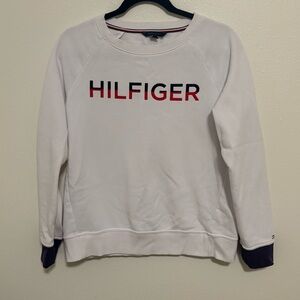 White Hilfiger Sweatshirt with Red and Black Accents